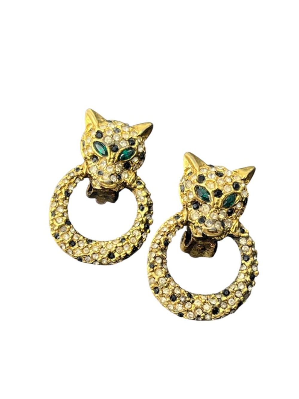 Leopard cat panther door knocker rhinestone clip on earrings vintage gold tone